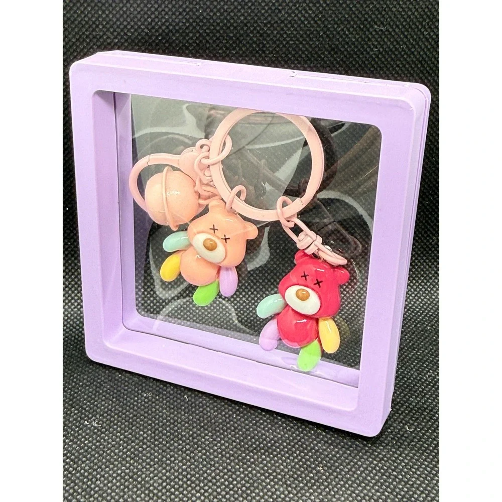 Colorful Double Teddy Bear Keychain Set Pink Peach Bag Charms with Bell & Box
